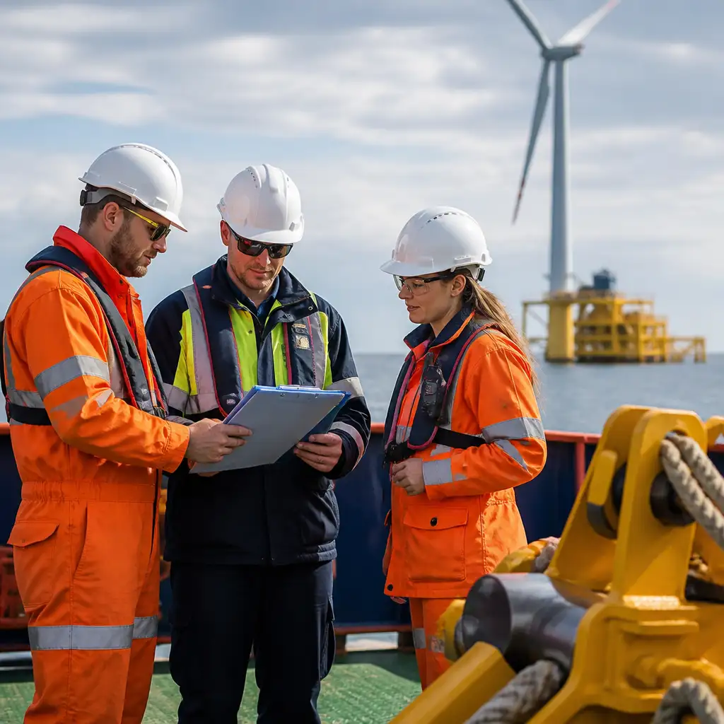 Offshort wind turbine. Discussing safety with a small team.