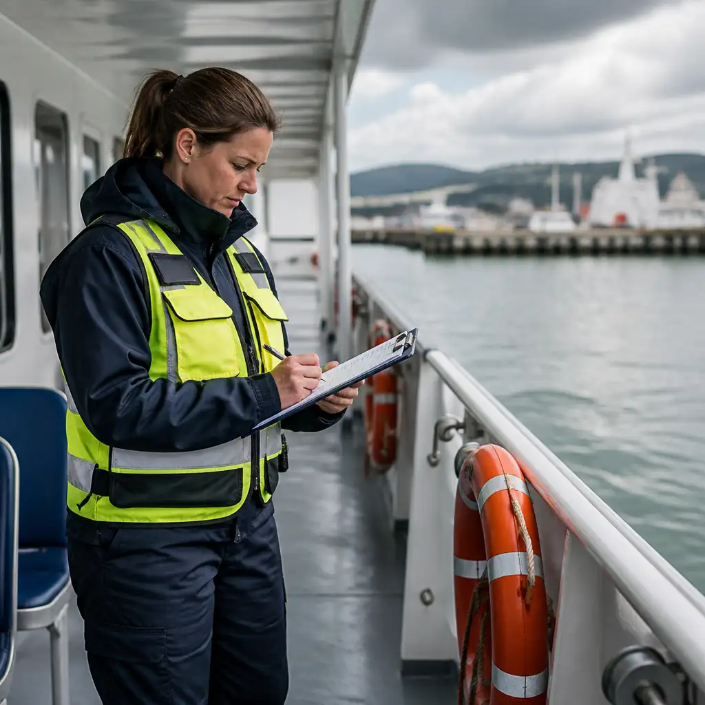 Person in high-visibility vest writing on clipboard on ferry
