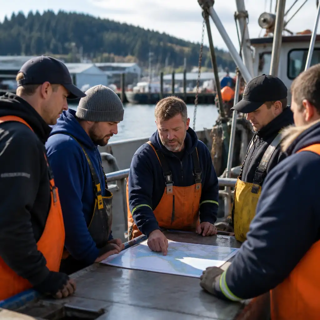 Fishing crew in orange bibs studying a chart on deck