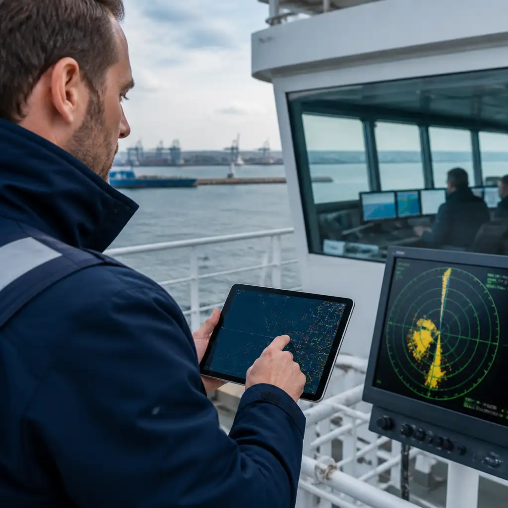 Person on vessel using tablet near radar display