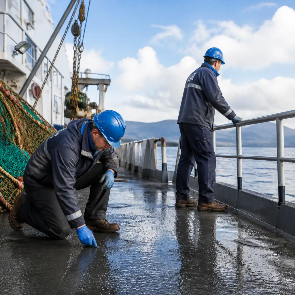 Two deckhands in blue helmets inspecting wet ship deck