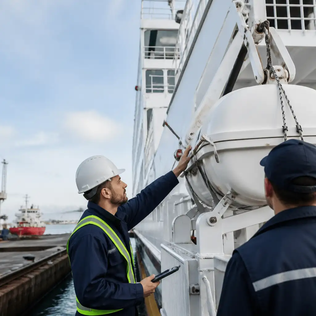 Worker in hard hat inspecting liferaft canister on ship
