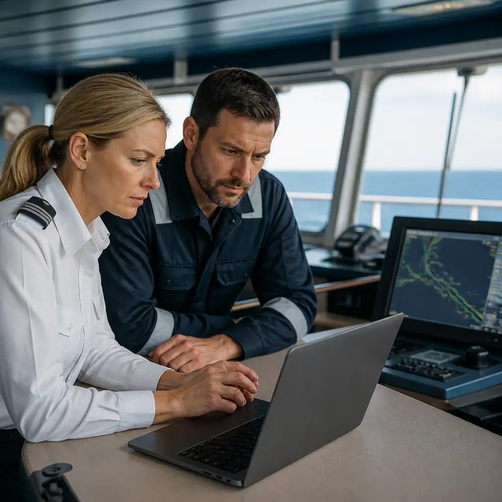 Two crew members using laptop on ship bridge