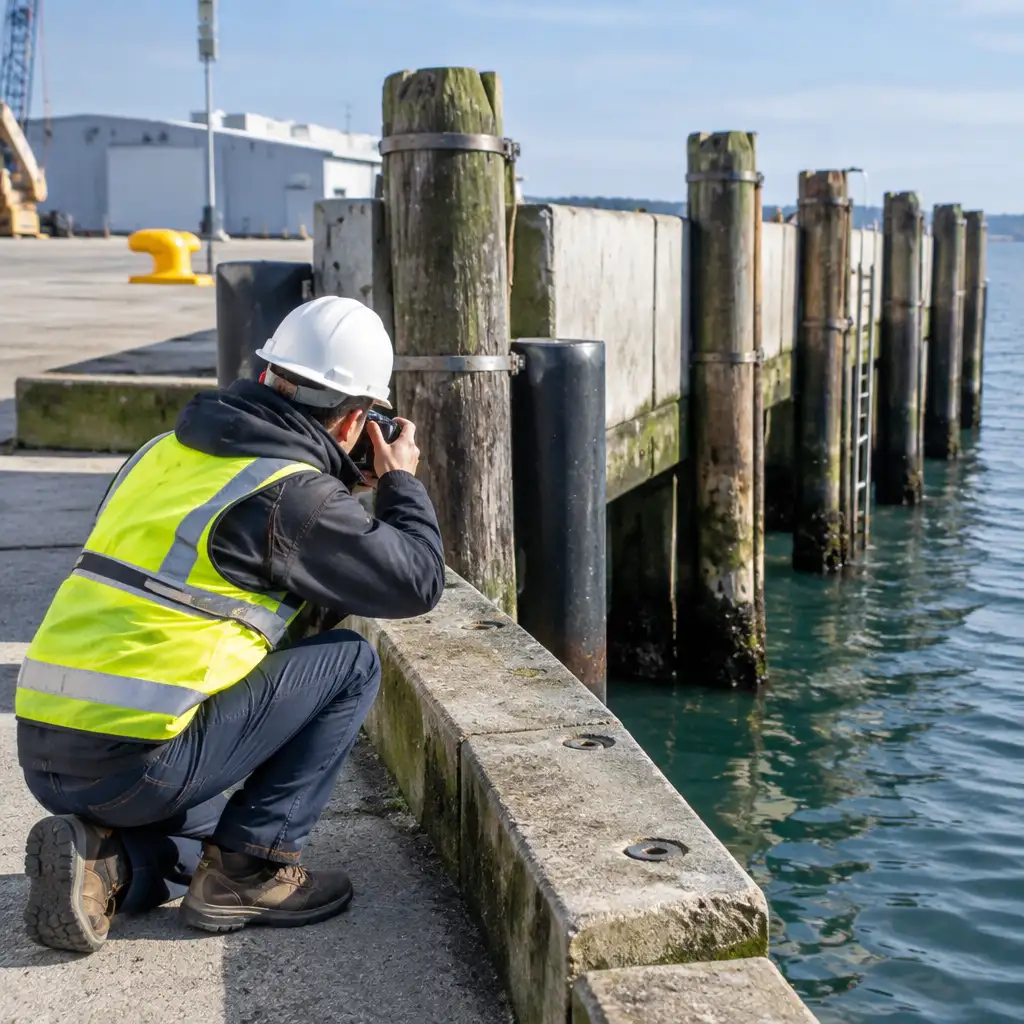 Worker in hard hat and reflective vest photographing pier pilings