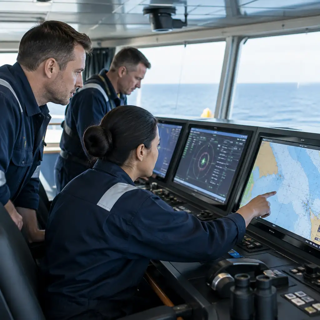 Three crew on bridge pointing at navigation screens