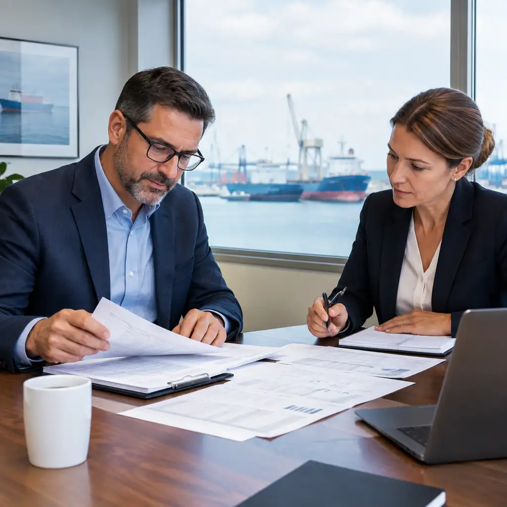 Man and woman reviewing documents at table with ships