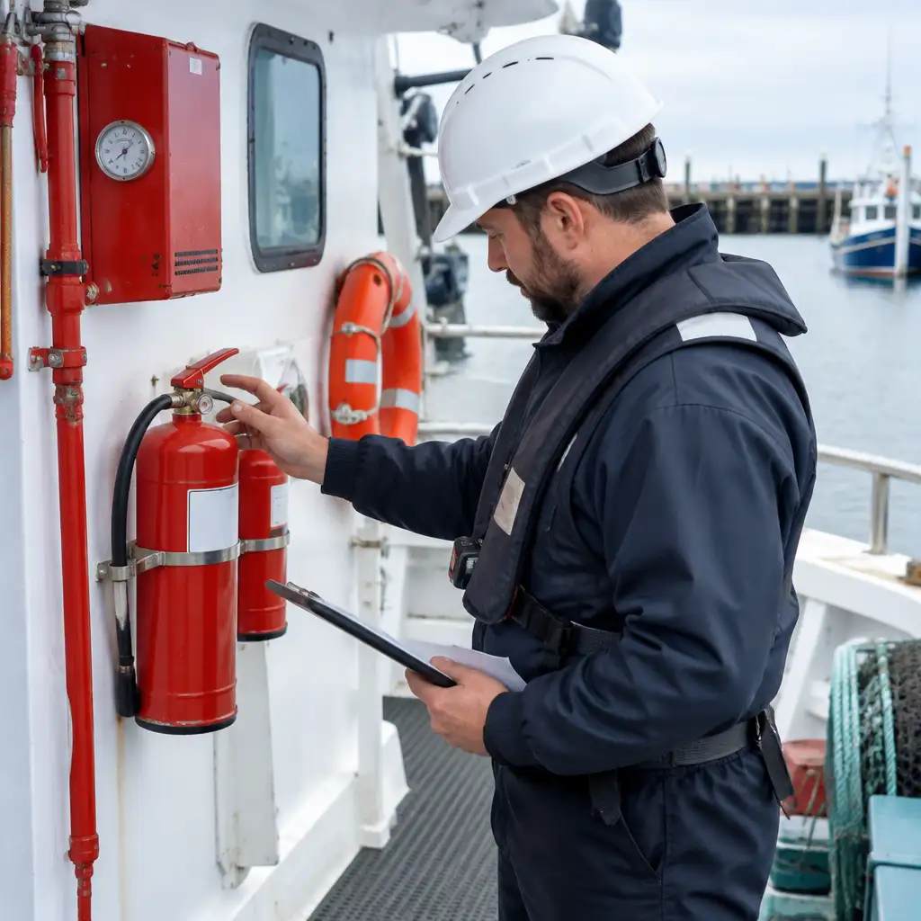 Man in hard hat inspecting fire extinguishers on boat deck