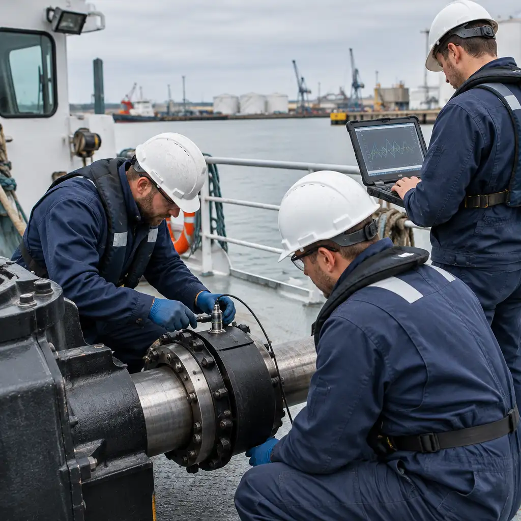 Three technicians installing sensor on propulsion shaft on deck