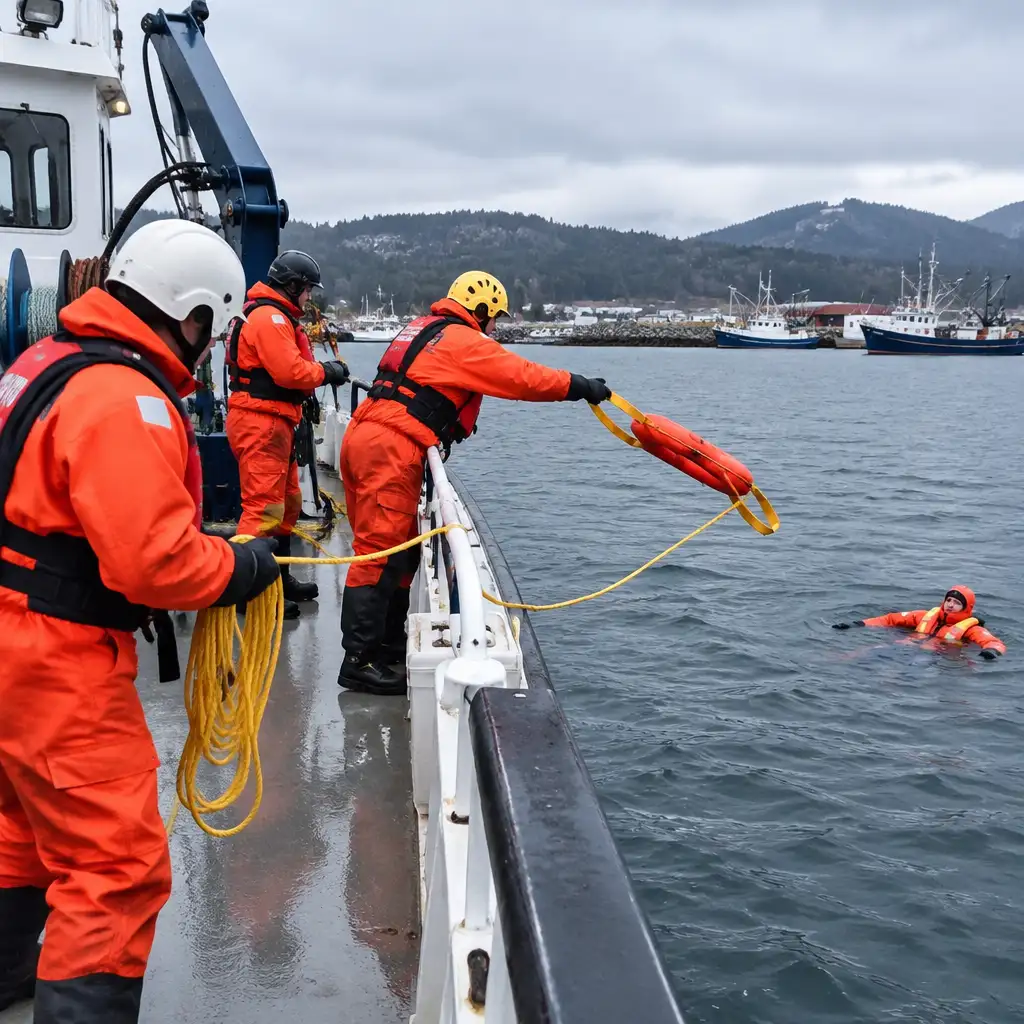 Crew in orange suits throwing lifebuoy to person in water