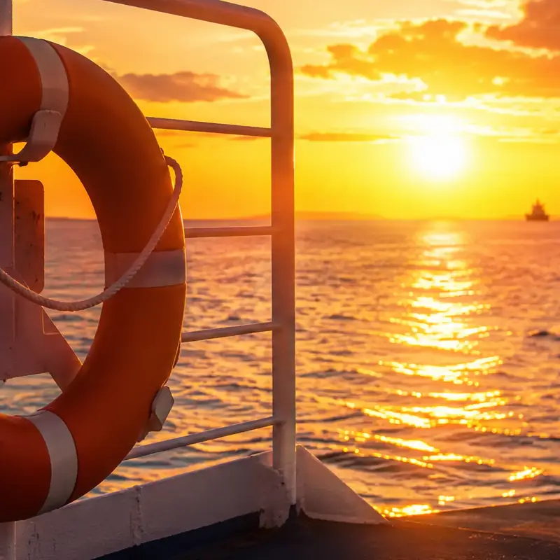 Life preserver mounted on a ship railing