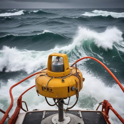 Yellow marine buoy on a boat in rough ocean waves