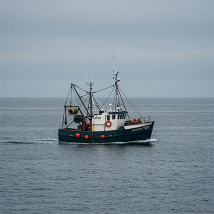 Fishing trawler boat sailing in calm open sea
