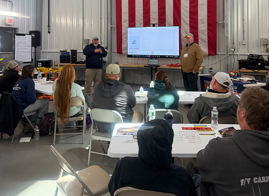 Maritime safety training classroom with American flag