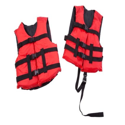 Two red child life jackets with black buckles