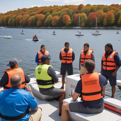 Group of people wearing life vests during a boating safety briefing