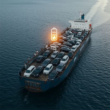 Car carrier ship transporting vehicles with battery fire alert