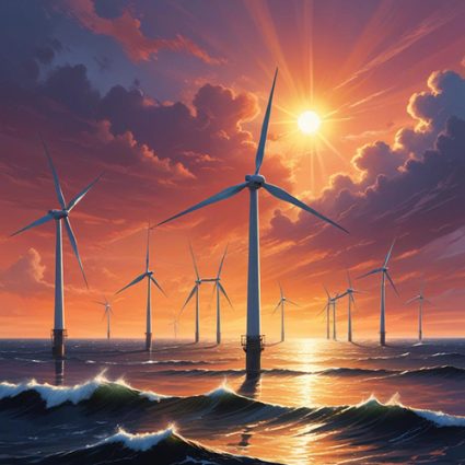 Offshore wind turbines in the ocean during a vibrant sunset