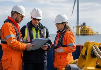 Offshort wind turbine. Discussing safety with a small team.