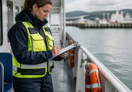 Person in high-visibility vest writing on clipboard on ferry