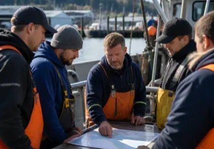 Fishing crew in orange bibs studying a chart on deck