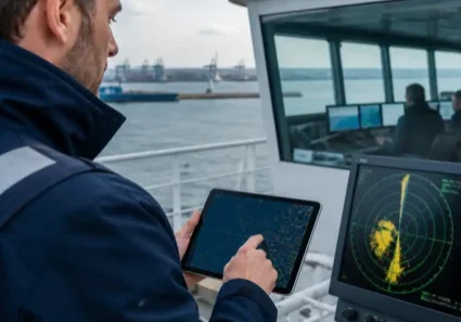 Person on vessel using tablet near radar display