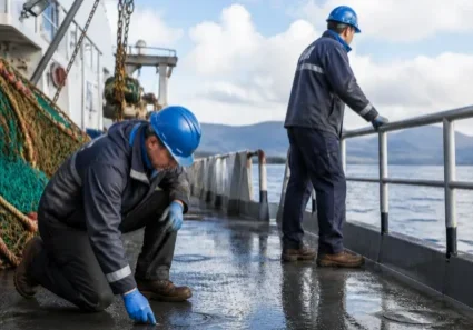 Two deckhands in blue helmets inspecting wet ship deck
