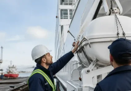 Worker in hard hat inspecting liferaft canister on ship