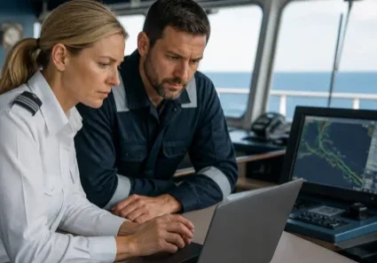 Two crew members using laptop on ship bridge