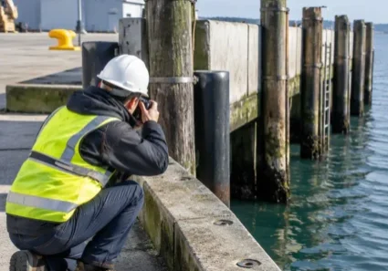 Worker in hard hat and reflective vest photographing pier pilings