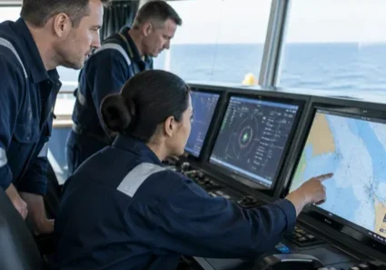 Three crew on bridge pointing at navigation screens