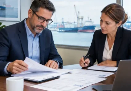 Man and woman reviewing documents at table with ships
