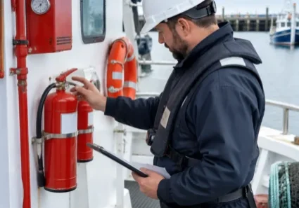 Man in hard hat inspecting fire extinguishers on boat deck