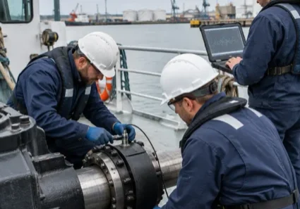Three technicians installing sensor on propulsion shaft on deck