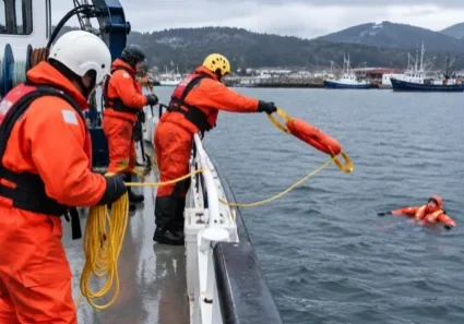 Crew in orange suits throwing lifebuoy to person in water
