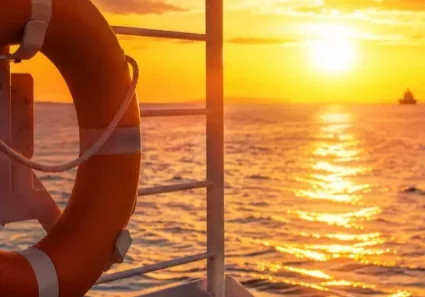 Life preserver mounted on a ship railing