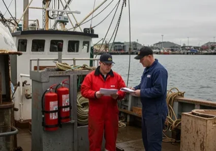 Crew members reviewing documents on deck