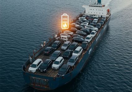 Car carrier ship transporting vehicles with battery fire alert