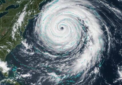 Satellite view of massive swirling Atlantic storm