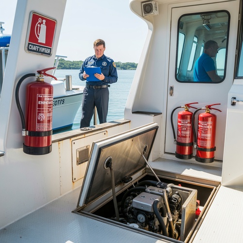 Boat safety inspection with fire extinguishers and engine visible