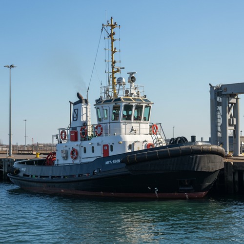 Tugboat docked at harbor under clear blue sky
