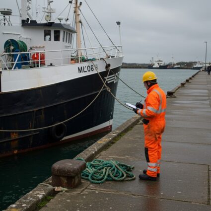 a boat at dock under inspection