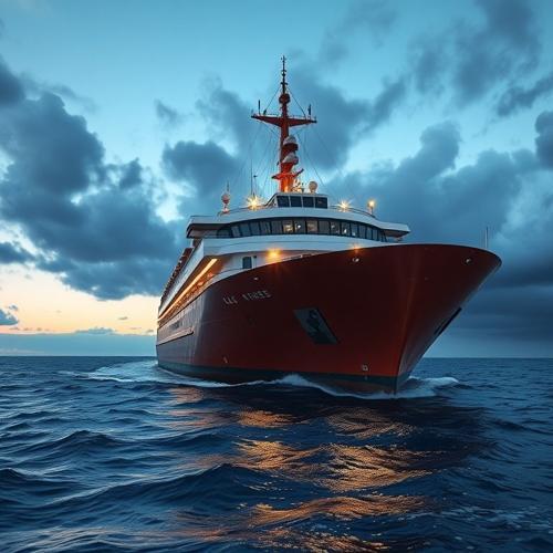 Red ship sailing at dawn on calm ocean waters