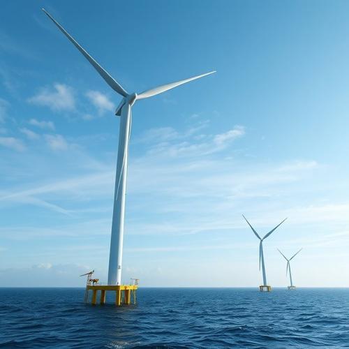 Offshore wind turbines standing tall in blue ocean