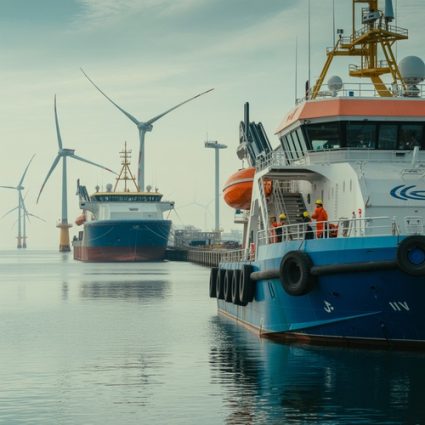 Support vessels docked at offshore wind farm harbor