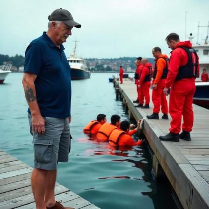 Rescue team training by dock with life vests