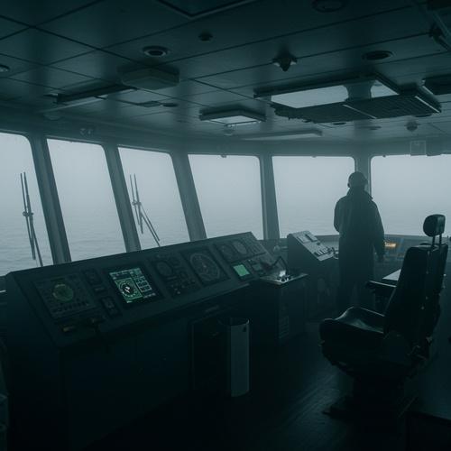 Ship officer navigates through dense fog from dimly lit bridge