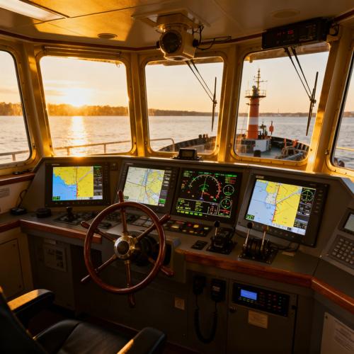 Ship navigation controls with sunset view