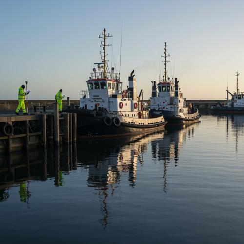 Tugboats docked at a calm harbor