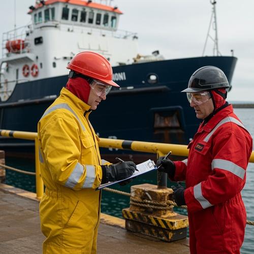 Two marine inspectors review safety checklist beside docked vessel
